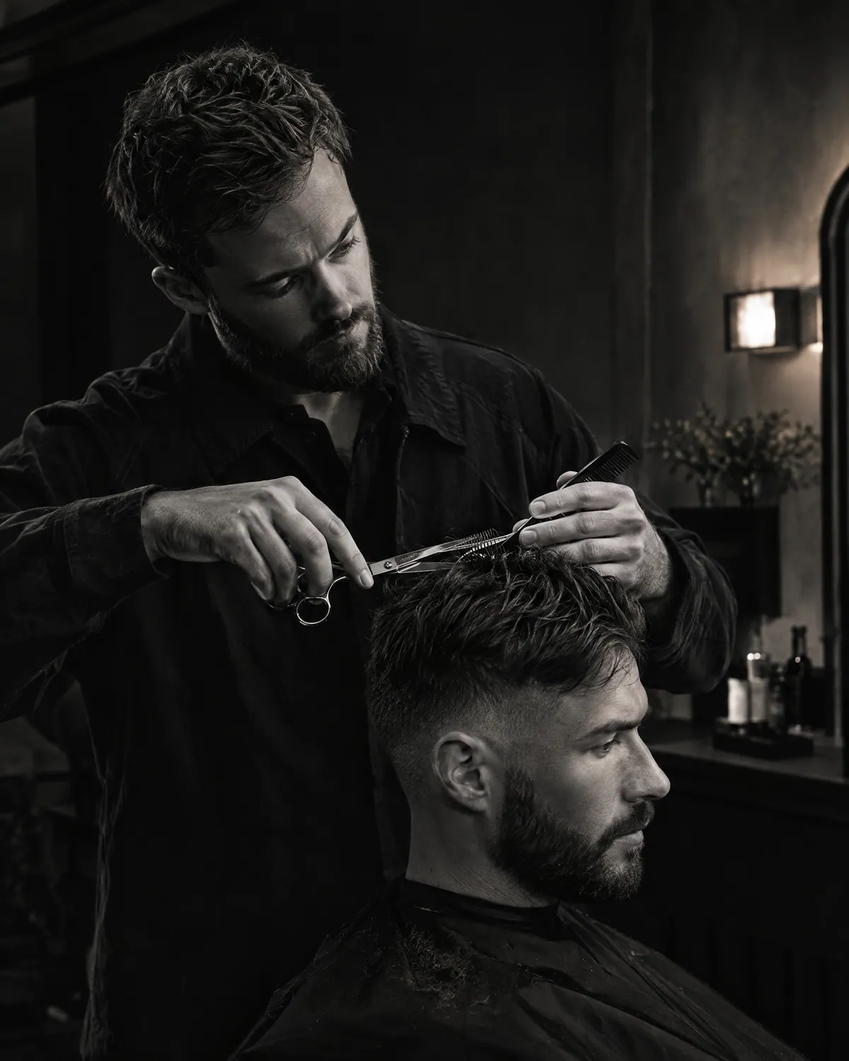 A barber working carefully with scissors and comb