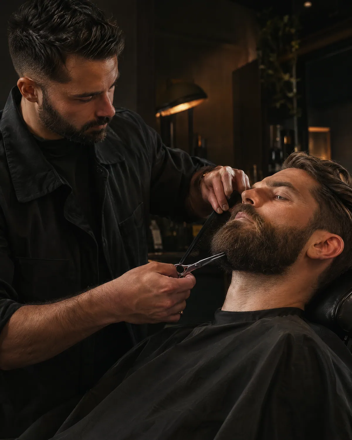 Careful beard shaping in the studio
