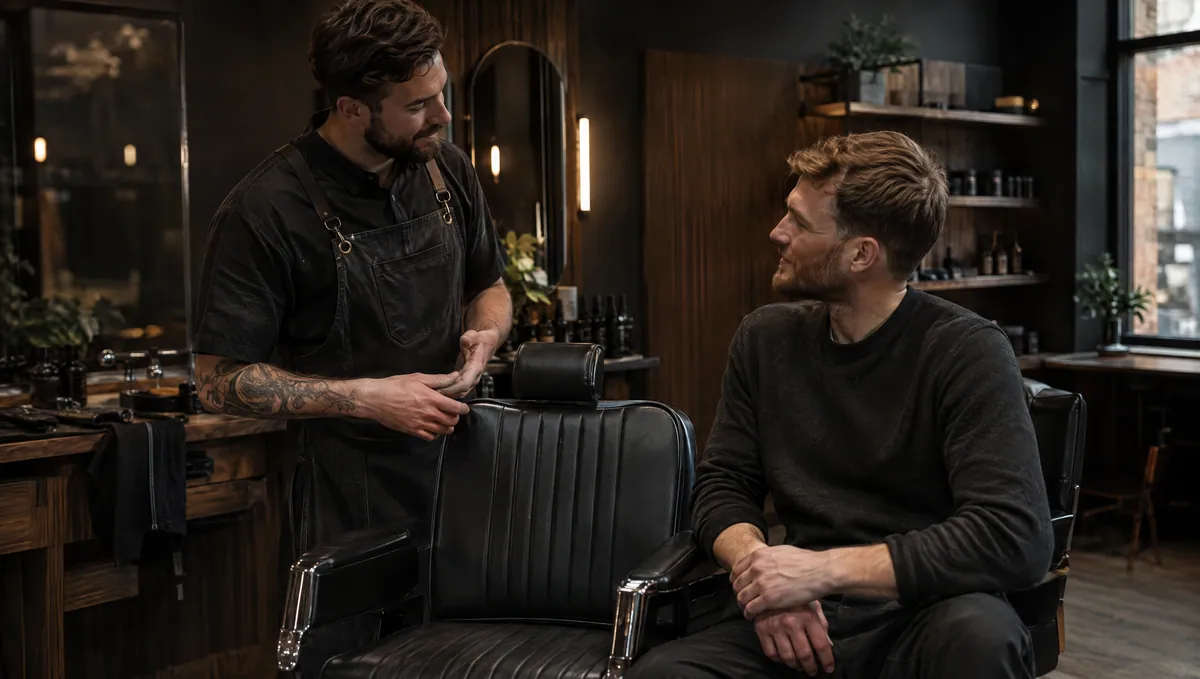 A relaxed consultation between a barber and client