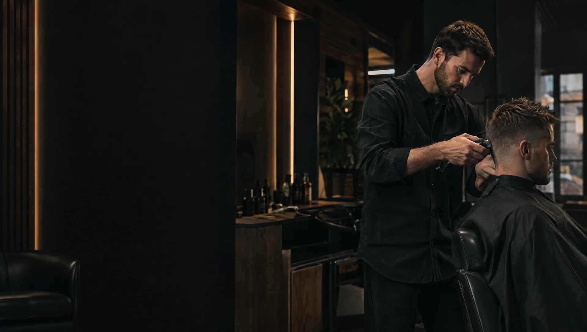 A barber carefully refining a client's haircut in a warm contemporary studio