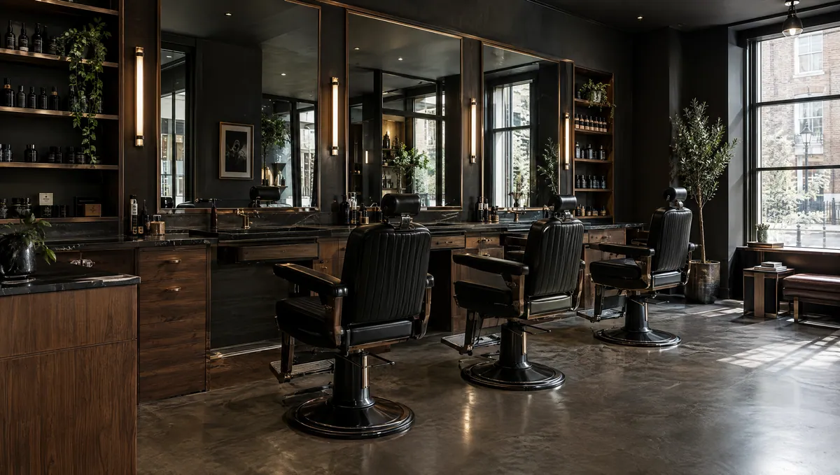 Warm timber, charcoal walls and black barber chairs in the fictional studio