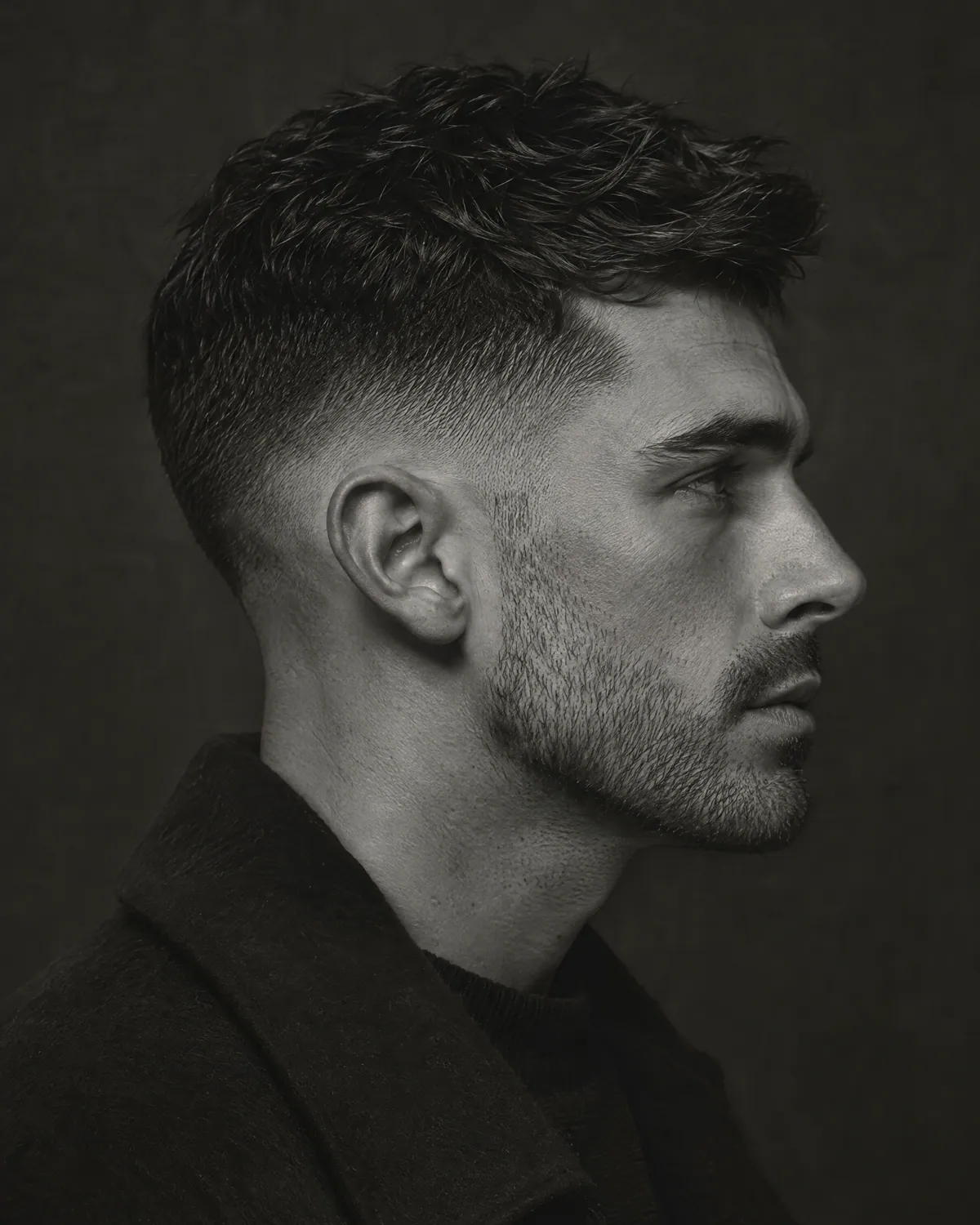 A sharper profile, generated editorial barbering photograph