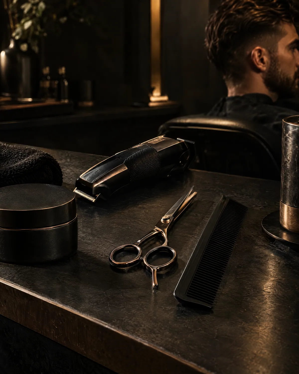 Professional barbering tools on a dark counter
